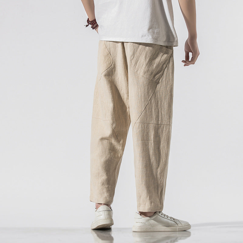 Summer Thin Linen Ankle Length Pants Men's Chinese Style Loose Wide Leg