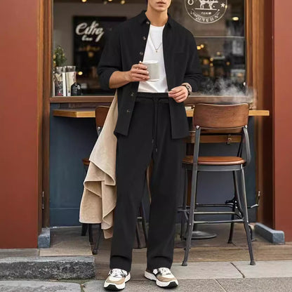 Casual Sports Lapel Long Sleeve Button Cardigan Trousers