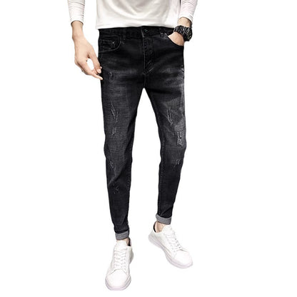 Jeans Men's Black Tapered Cropped Elastic Slim Fit Slimming