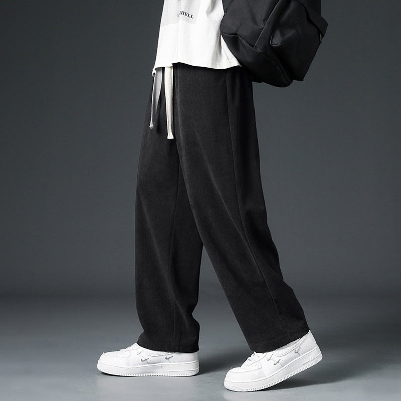 Men's FallWinter Fleece-lined Casual Trousers Wide Leg