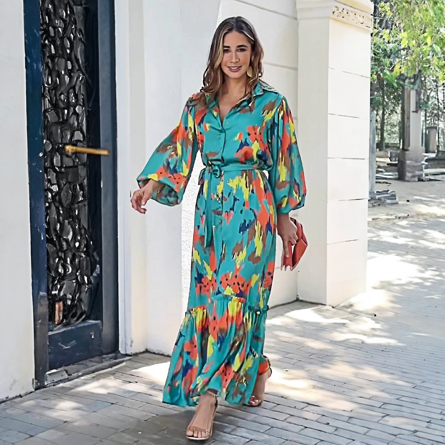 Printing Lapel Single-breasted Maxi Dress